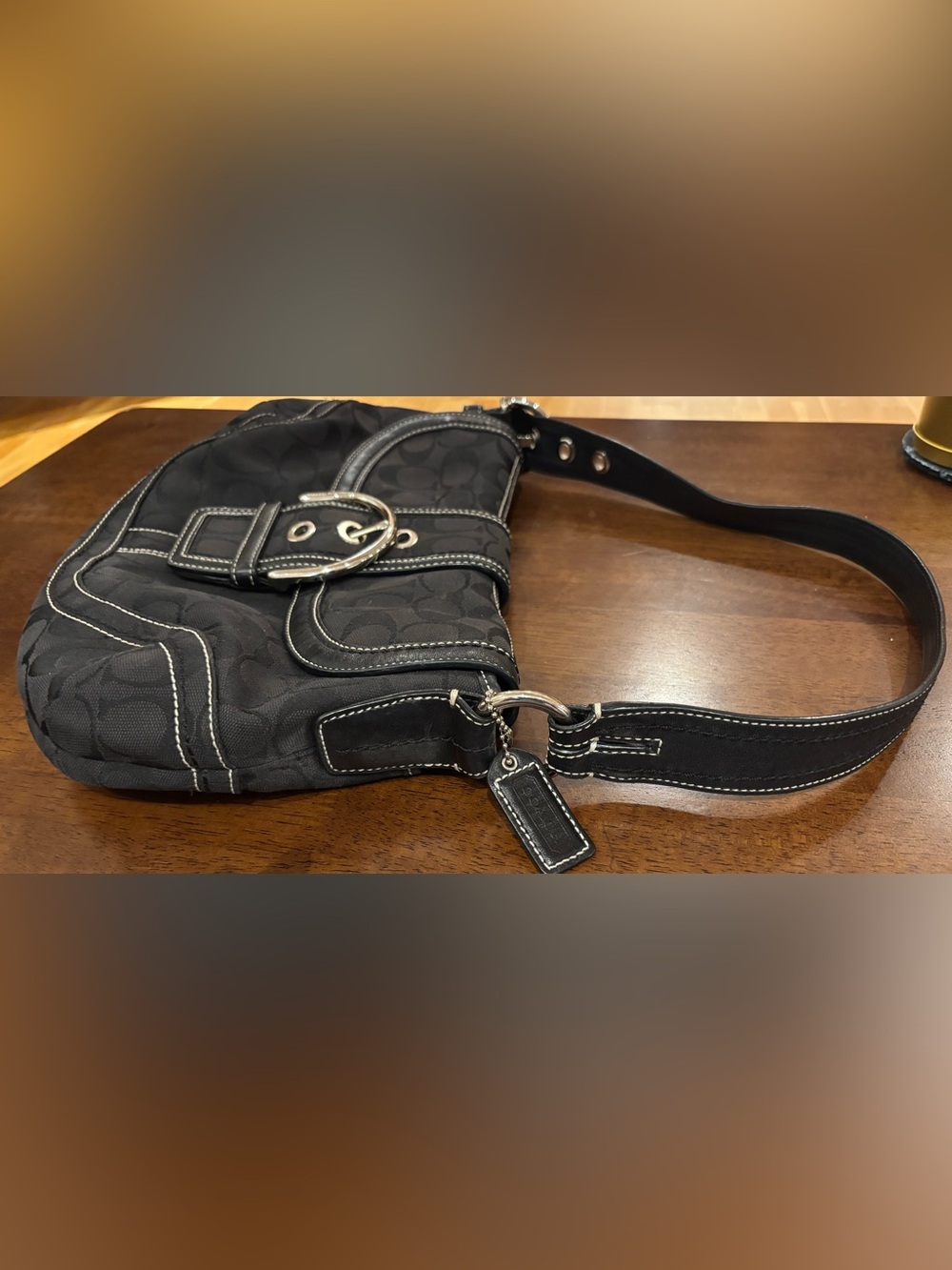 Coach F10926 Vintage Soho Black Leather & Signature Canvas Tote w/silver buckle - Picture 8 of 11